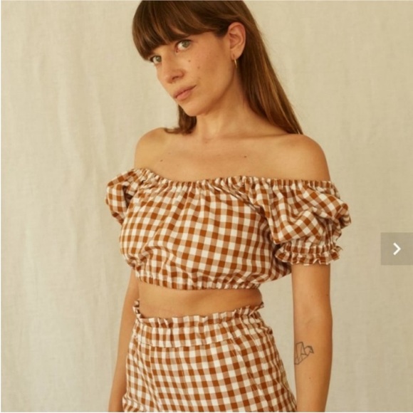 🤎Sold 🤎Lykke Wullf Clementine Cropped Off The Shoulder Top in Copper Gingham- - Picture 2 of 8